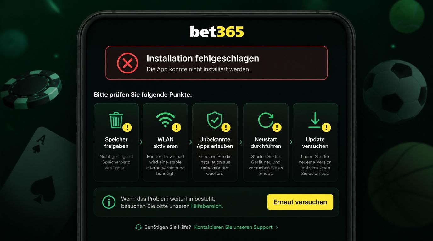 Ein Smartphone zeigt eine Fehlermeldung „Installation fehlgeschlagen“, umgeben von Symbolen für Speicher, Netzwerk und Updates. 