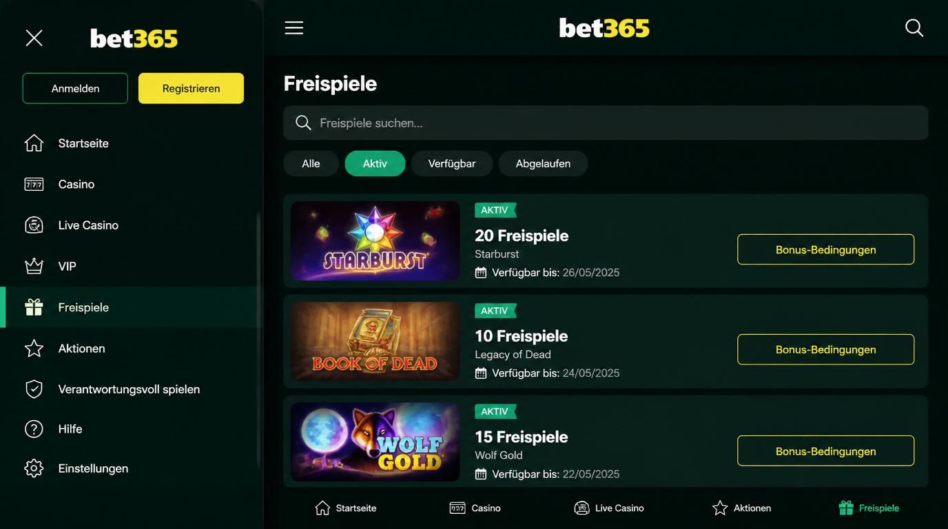 Mobiles Menü mit Hamburger-Icon und Suchleiste, Freispiele und Bonusbedingungen sichtbar. 