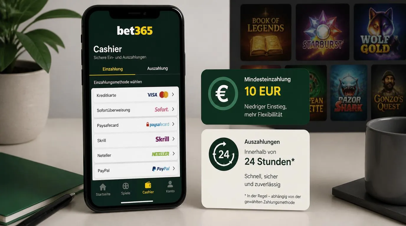 Smartphone mit Casino-Kassenbereich, Einzahlung ab 10 EUR und Auszahlung innerhalb von 24 Stunden