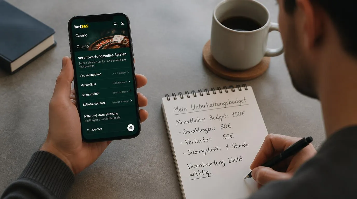 Smartphone mit Casino-Oberfläche neben Notizblock für ein persönliches Spielbudget