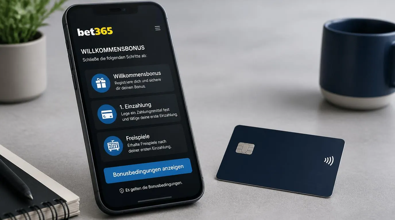 Smartphone mit Bonusübersicht für Einzahlung und Freispiele neben einer schlichten Zahlungskarte
