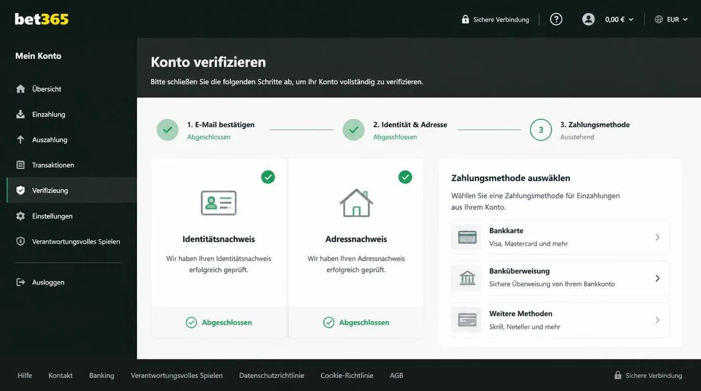 Kontobereich mit Dokumentenprüfung und Auswahl einer Zahlungsmethode