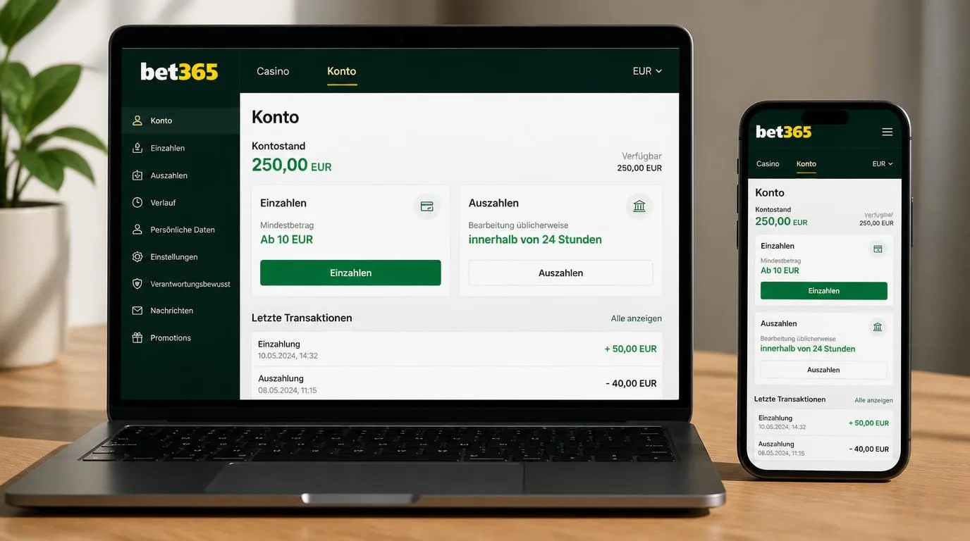 Klare Casino-Oberfläche mit Einzahlung ab 10 EUR und Hinweis zur Auszahlungsbearbeitung